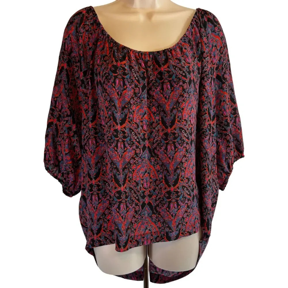 Joie Off Shoulder Boxy Silk Blouse with Abstract Print Size Small
